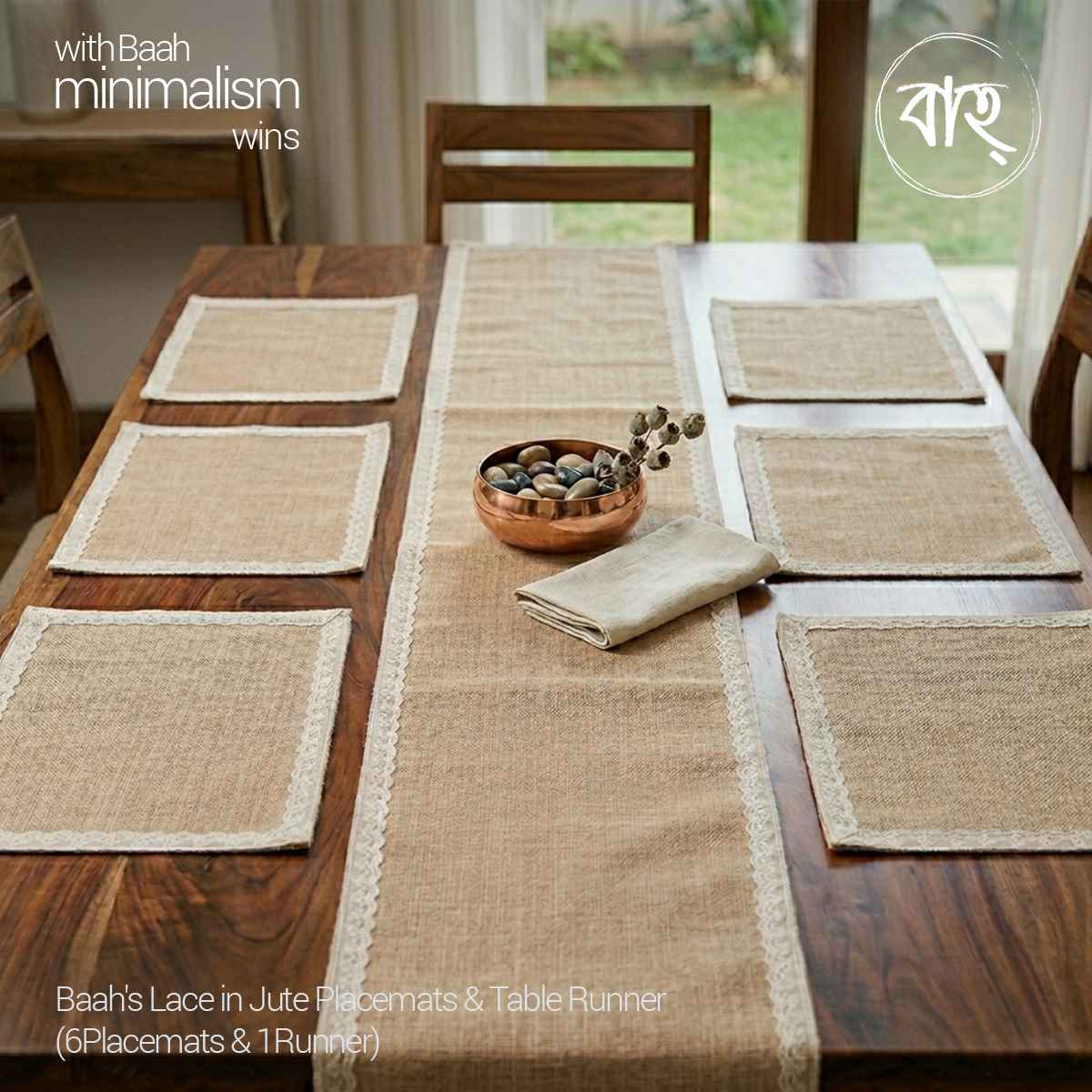 Baah's Lace in Jute Placemats & Table Runner (6Placemats & 1Runner)